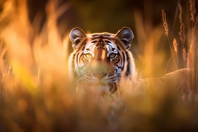 Portrait of a hunting tiger, hiding behind a tall grass