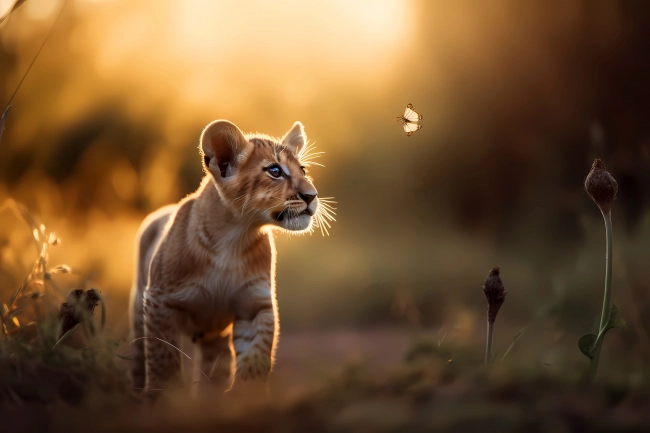 Cute little lion cub chasing a butterfly