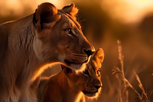 Lioness and her cub resting together