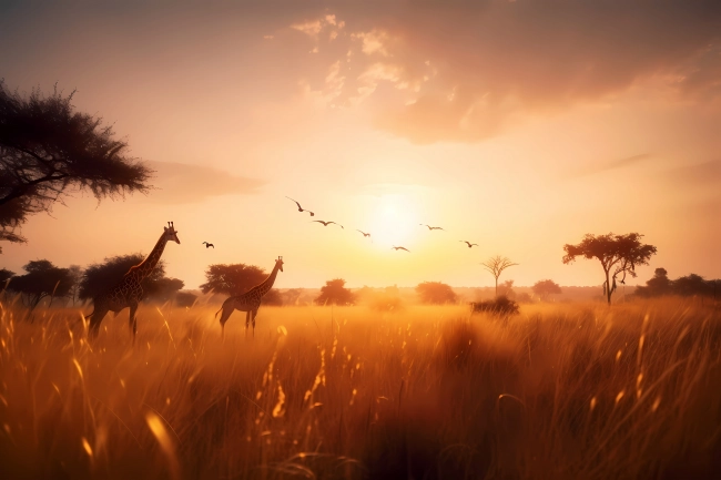 Peaceful landscape of African savannah during sunset