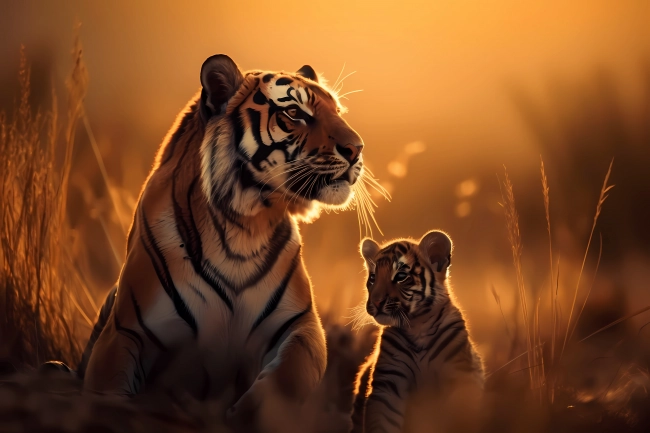 Tiger mother with its cub resting