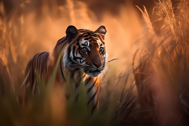 Portrait of a hunting tiger, hiding behind a tall grass