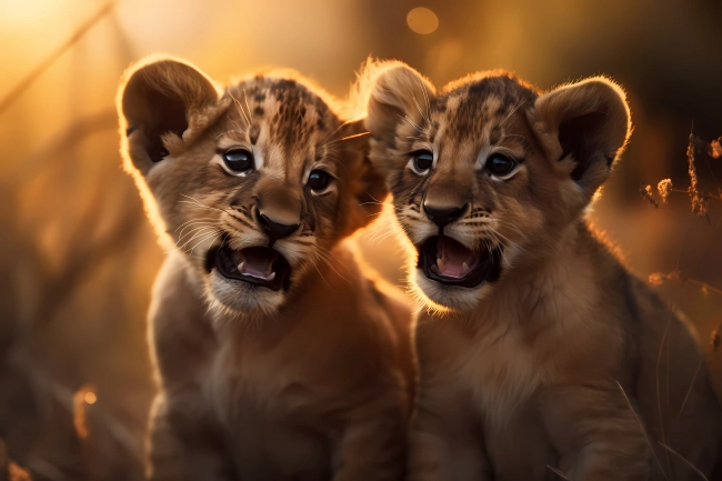 Portrait of two cute little lion cubs