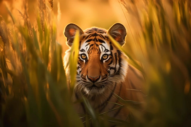 Portrait of a hunting tiger, hiding behind a tall grass