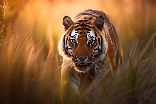 Portrait of a hunting tiger, hiding behind a tall grass