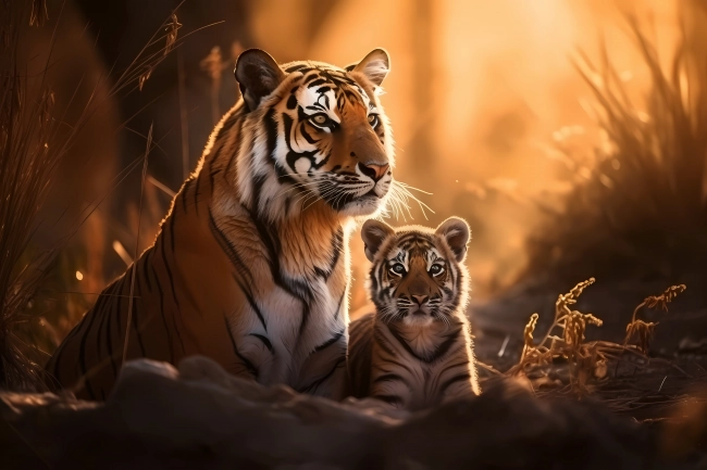 Tiger mother with its cub resting