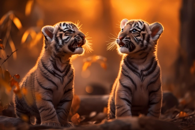 Portrait of two cute little tiger cubs