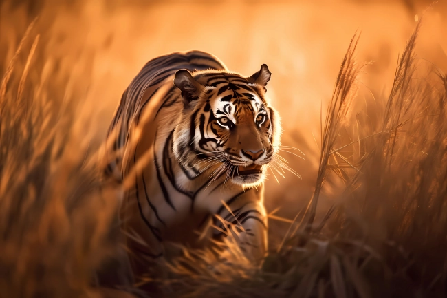 Portrait of a hunting tiger, hiding behind a tall grass