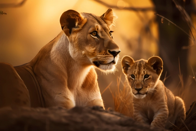 Lioness and her cub resting together