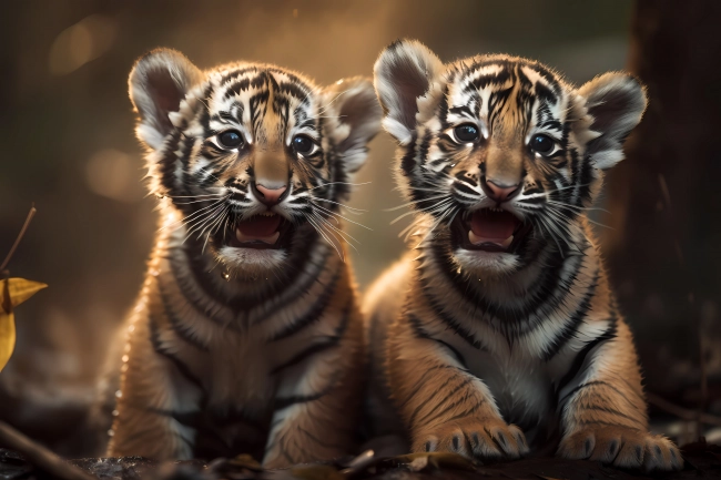 Portrait of two cute little tiger cubs