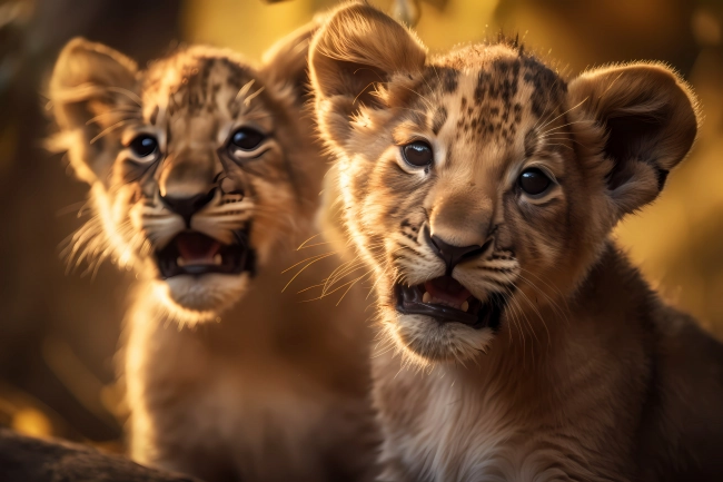 Portrait of two cute little lion cubs