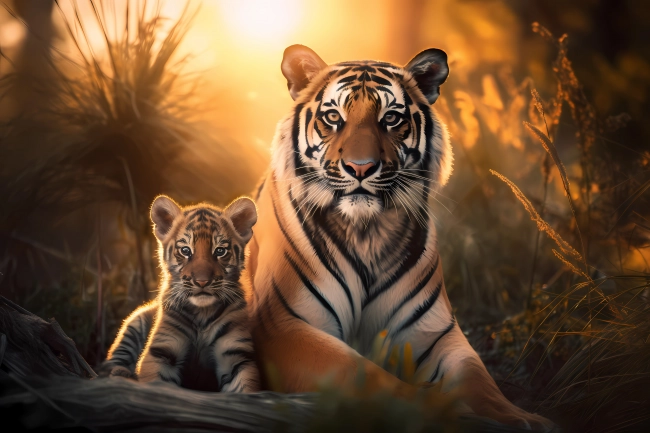 Tiger mother with its cub resting