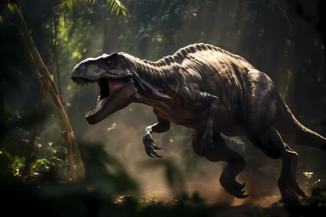 Tyrannosaurus rex hunting in the prehistoric jungle