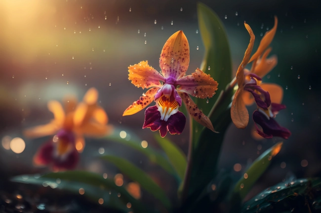 Macro of a beautiful orchid in a rainy weather