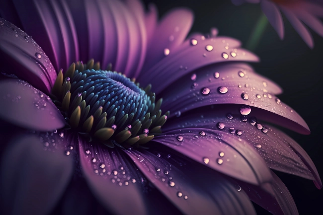 Macro of a beautiful purple flower with a detail of the petals during rainy weather