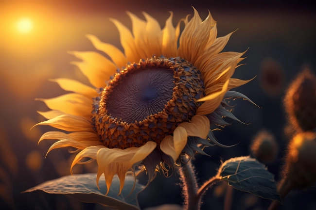 Macro of a beautiful sunflower during sunset