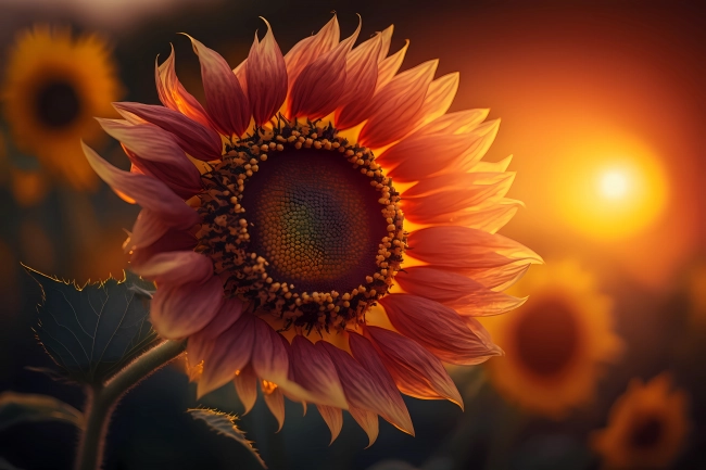 Macro of a beautiful sunflower during sunset