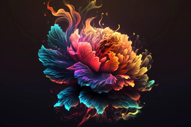 Beautiful flower painted with colorful neon watercolors on black background