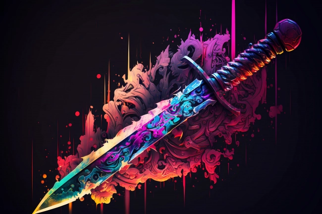 An abstract concept of a ritual dagger painted with watercolors on black background