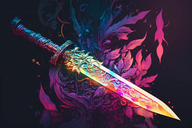 An abstract concept of a ritual dagger painted with watercolors on black background