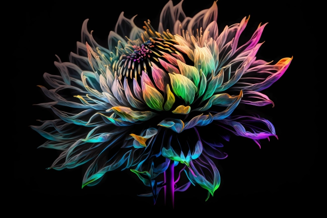 Beautiful flower painted with colorful neon watercolors on black background