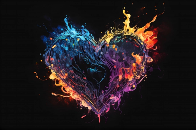 An abstract concept of heart painted with colorful watercolors on black background