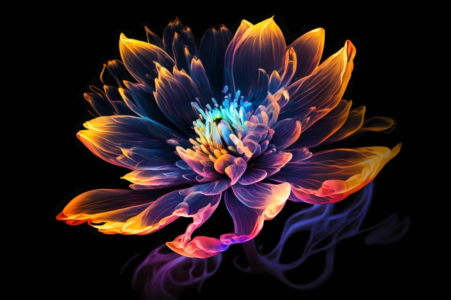 Beautiful flower painted with colorful neon watercolors on black background