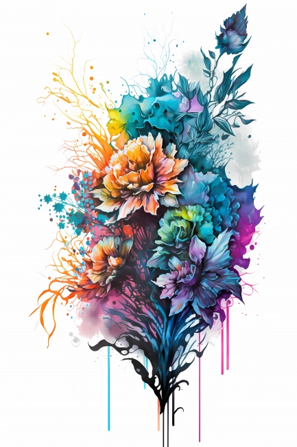 An abstract design of a bouquet of flowers painted with colorful watercolors on white background