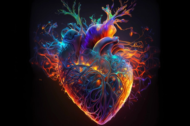 An abstract concept of heart painted with colorful watercolors on black background