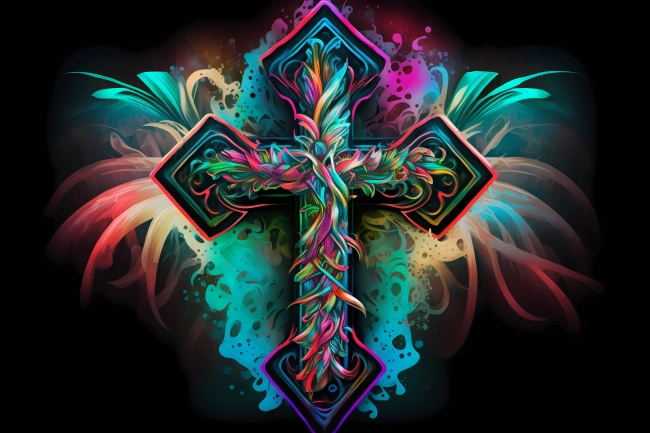 An abstract design of a cross painted with colorful watercolors on black background