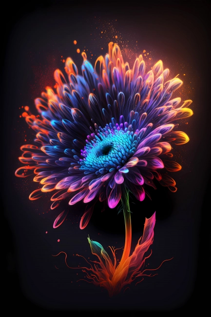 Beautiful flower painted with colorful neon watercolors on black background