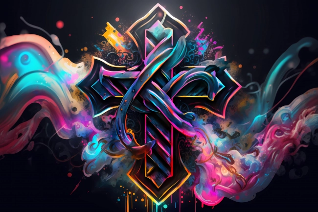 An abstract design of a cross painted with colorful watercolors on black background