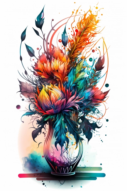 An abstract design of a bunch of flowers in a vase painted with colorful watercolors on white background