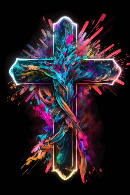 An abstract design of a cross painted with colorful watercolors on black background