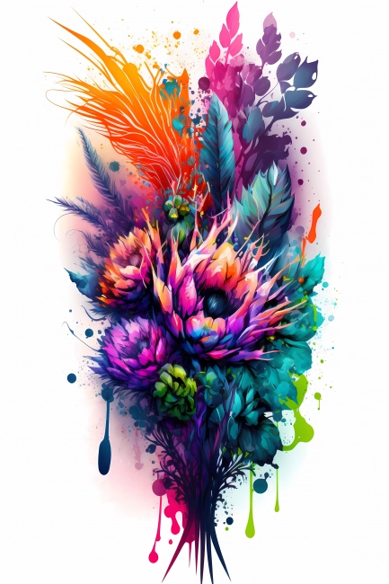 An abstract design of a bouquet of flowers painted with colorful watercolors on white background