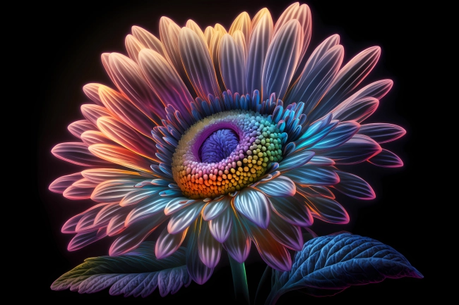 Beautiful flower painted with colorful neon watercolors on black background