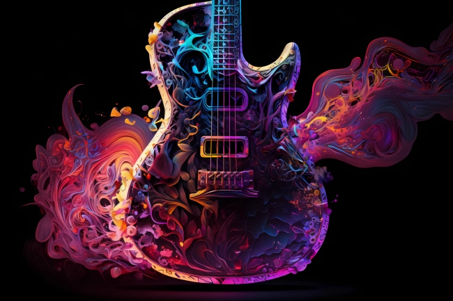 Abstract guitar painted with neon watercolor