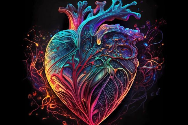 An abstract concept of heart painted with colorful watercolors on black background