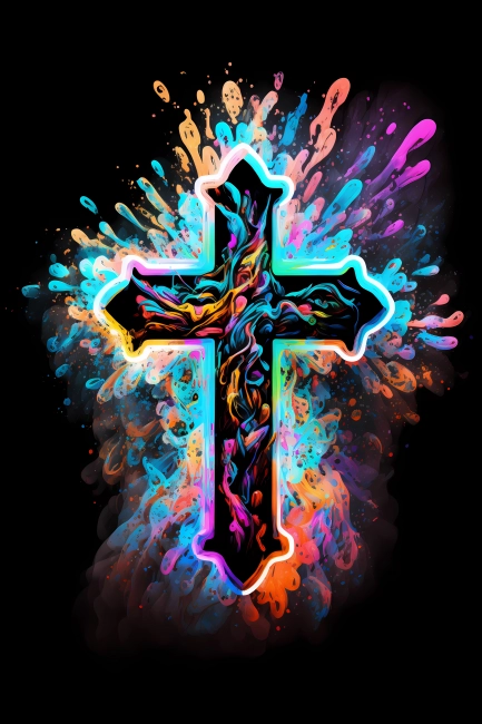 An abstract design of a cross painted with colorful watercolors on black background