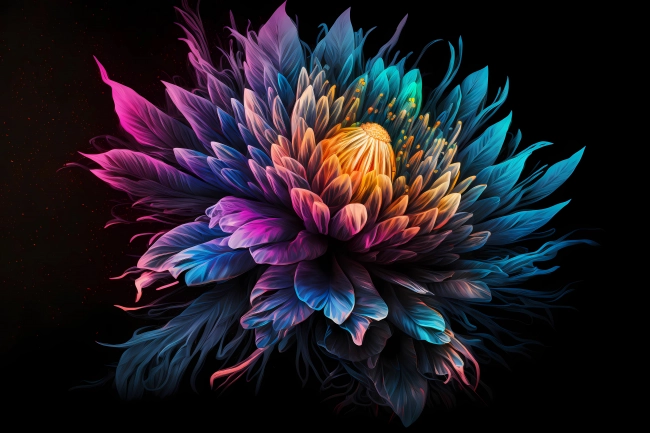 Beautiful flower painted with colorful neon watercolors on black background