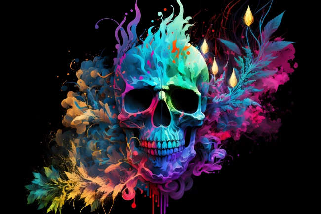 An abstract design of a skull painted with colorful watercolors on black background