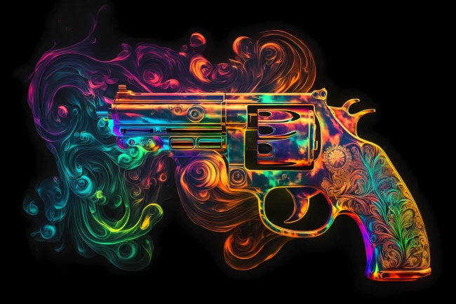 An abstract design of a gun painted with watercolors on black background