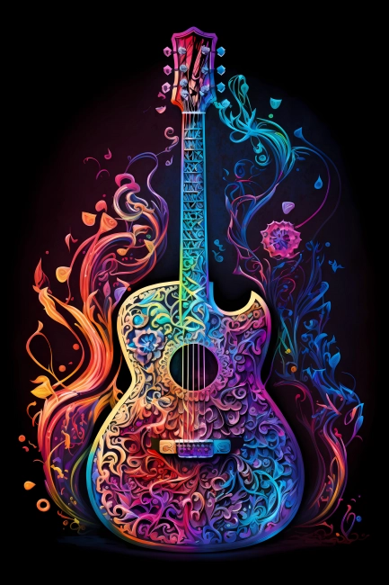 Abstract guitar painted with neon watercolor