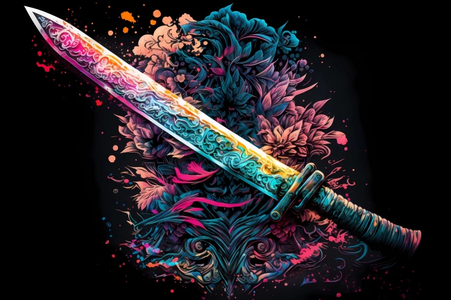 An abstract concept of a ritual dagger painted with watercolors on black background