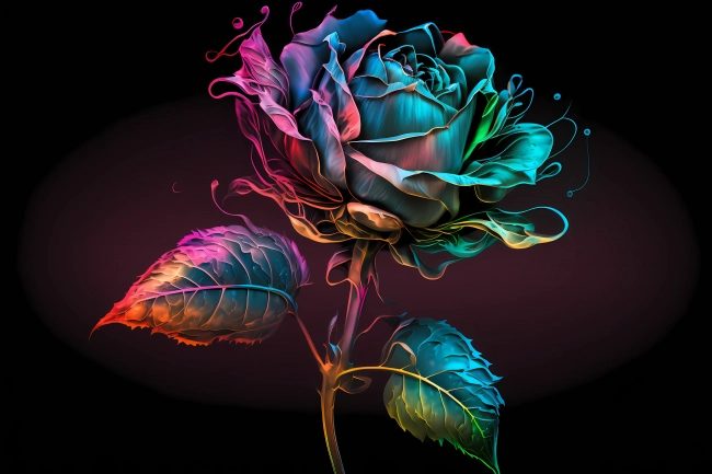 Beautiful rose painted with colorful neon watercolors on black background