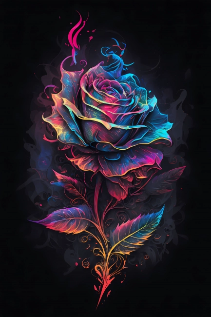 Beautiful rose painted with colorful neon watercolors on black background