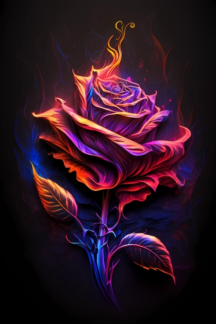 Beautiful rose painted with colorful neon watercolors on black background