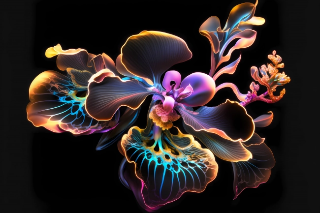 Beautiful orchid painted with colorful neon watercolors on black background