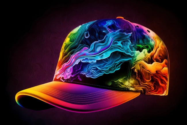 An abstract design of a baseball cap painted with watercolors on black background