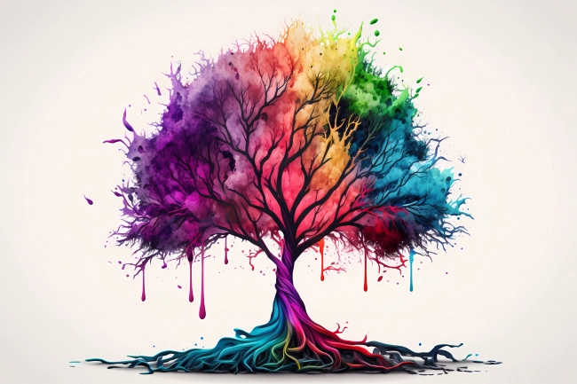 An abstract colorful tree painted with neon watercolors on white background